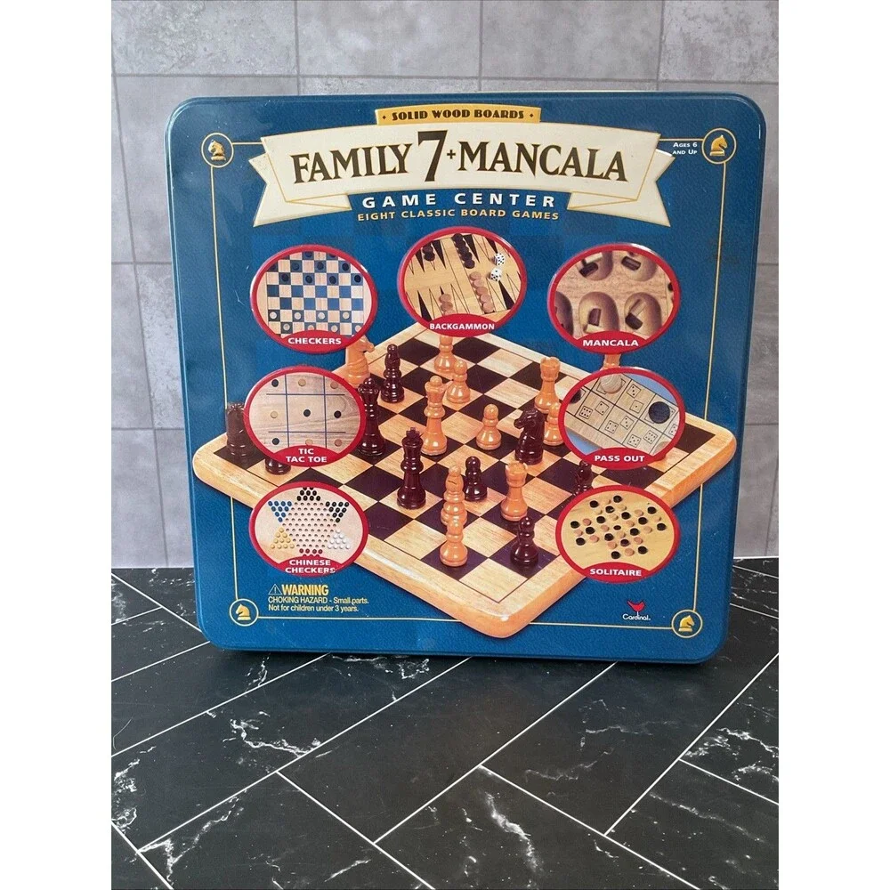 Family 7+ Mancala Game Center 8 Classic Board Games Solid Wood in Tin EUC